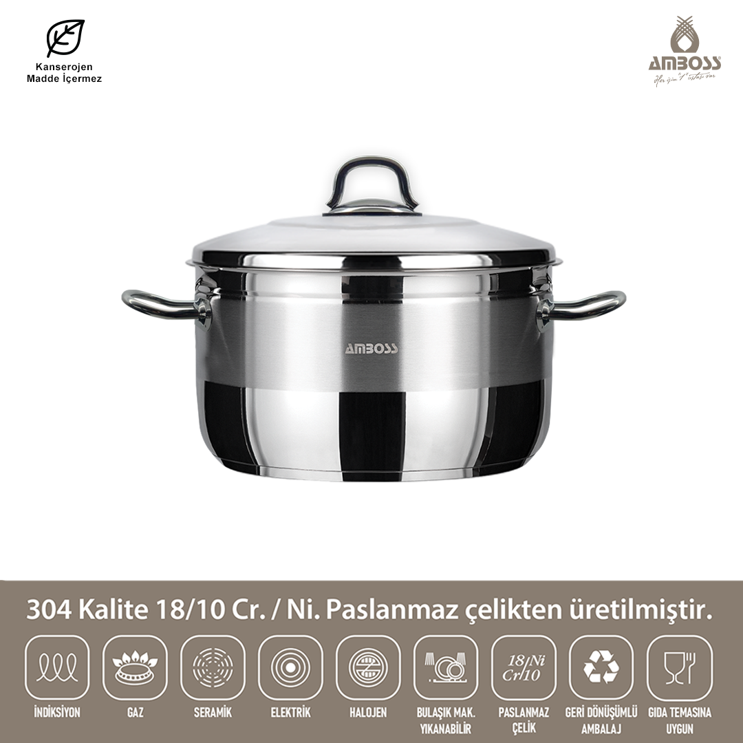 Amboss Saphire Paslanmaz Çelik Derin Tencere 32x19 - Çelik Kapak