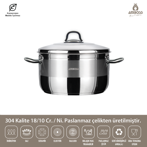 Amboss Saphire Paslanmaz Çelik Derin Tencere 32x19 - Çelik Kapak