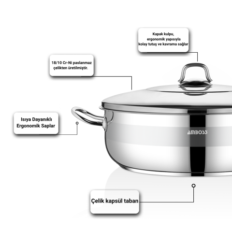 Amboss Saphire Paslanmaz Çelik Basık Tencere 34x12 - Çelik Kapak