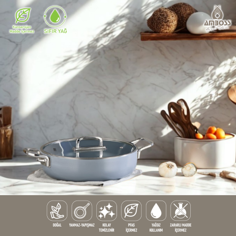 Amboss Sera Nova Seramik Yanmaz Yapışmaz Basık Tencere 30 cm – Gri