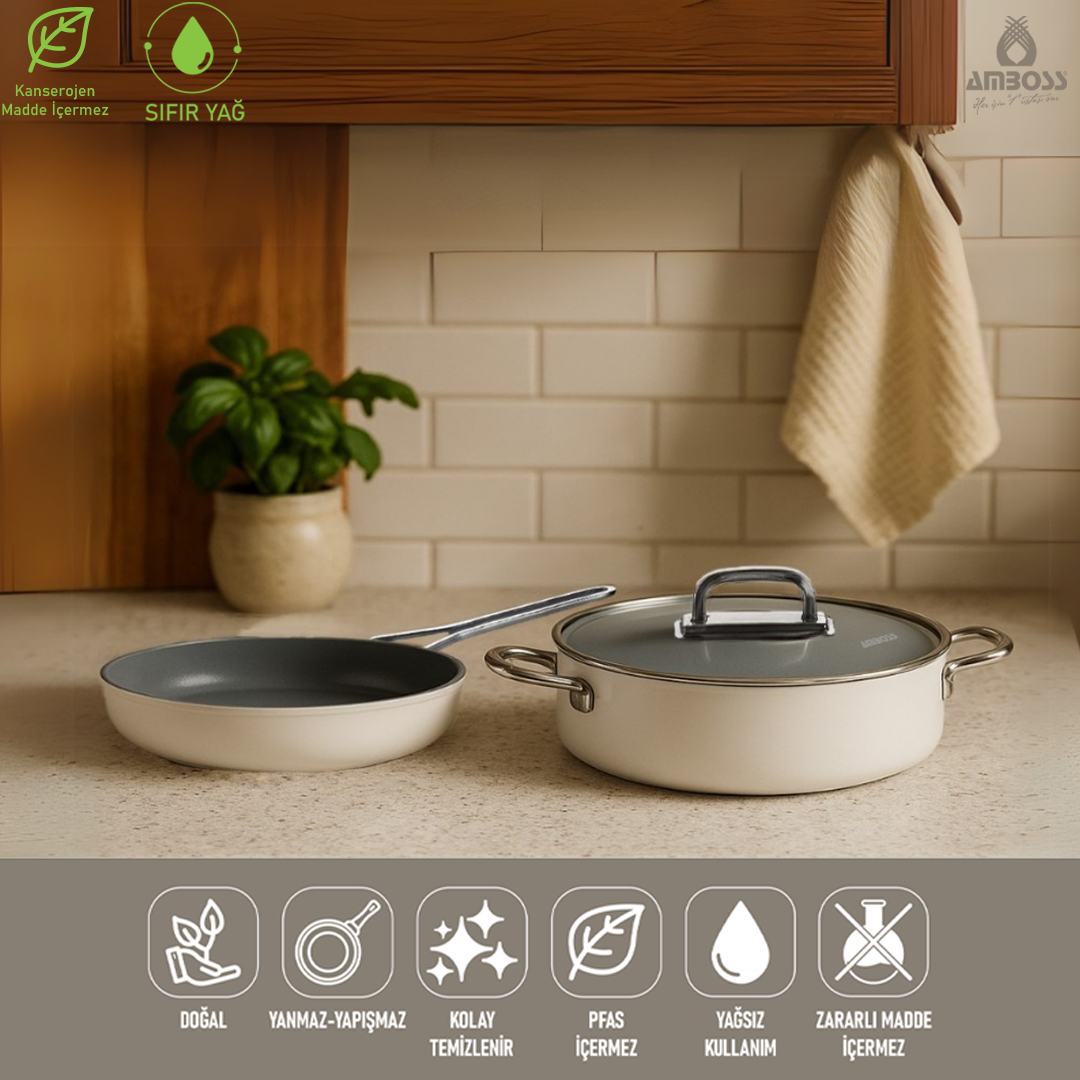 Amboss 3 Parça Nova Midi Yanmaz Yapışmaz Seramik Basık Tencere Tava Seti 24 cm – Beyaz