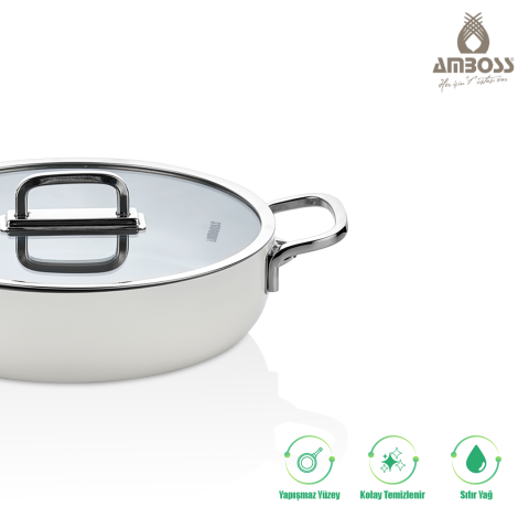 Amboss 3 Parça Nova Midi Yanmaz Yapışmaz Seramik Basık Tencere Tava Seti 24 cm – Beyaz