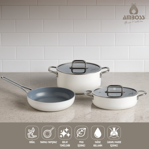 Amboss 5 Parça İdeal Yanmaz Yapışmaz Seramik Tencere Tava Seti Beyaz