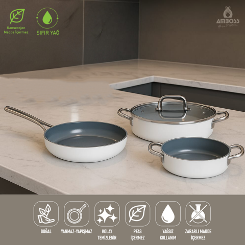Amboss 4 Parça Sera Spectrum Yanmaz Yapışmaz Seramik Basık Tencere Tava Sahan Seti