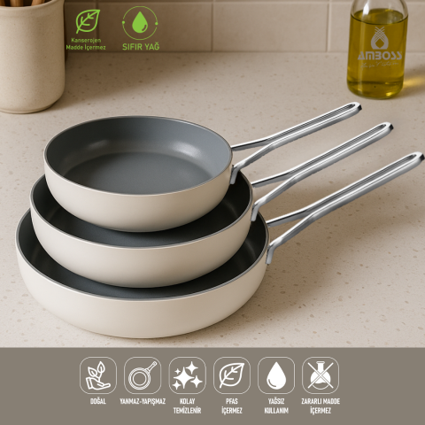Amboss 3 Parça Nova Mega Yanmaz Yapışmaz Seramik Tava Seti