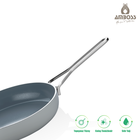 Amboss 3 Parça Sera Pratik Yanmaz Yapışmaz Seramik Basık Tencere Tava Seti 26 cm – Gri