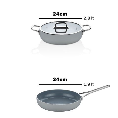 Amboss 3 Parça Nova Midi Yanmaz Yapışmaz Seramik Basık Tencere Tava Seti 24 cm – Gri