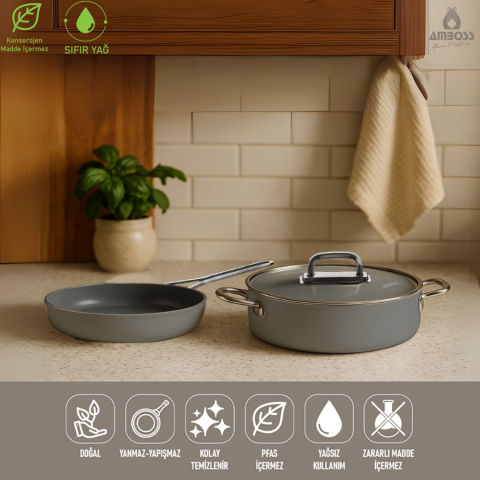 Amboss 3 Parça Nova Midi Yanmaz Yapışmaz Seramik Basık Tencere Tava Seti 24 cm – Gri