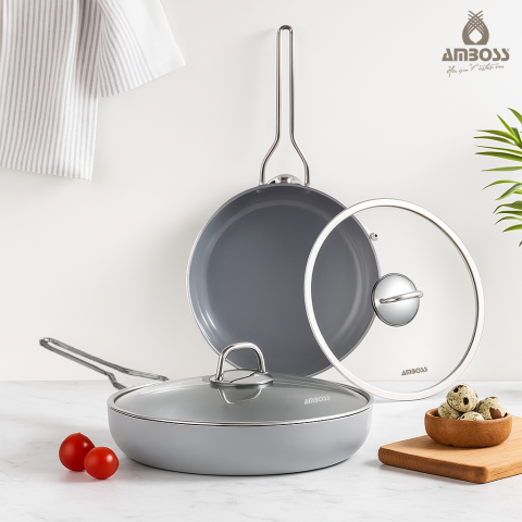 Amboss 4 Parça Sera Nova Single Yanmaz Yapışmaz Seramik Tava Seti Gri