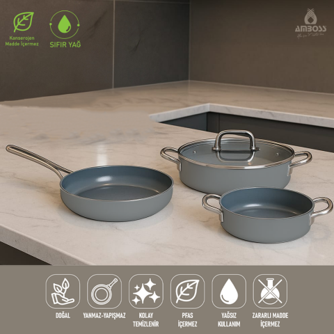 Amboss 4 Parça Sera Spectrum Yanmaz Yapışmaz Seramik Basık Tencere Tava Sahan Seti Gri