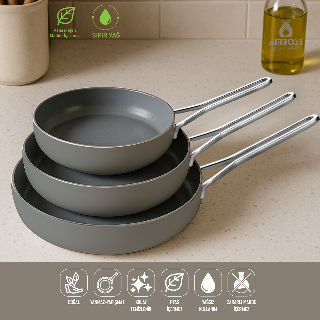Amboss 3 Parça Nova Mega Yanmaz Yapışmaz Seramik Tava Seti - Gri