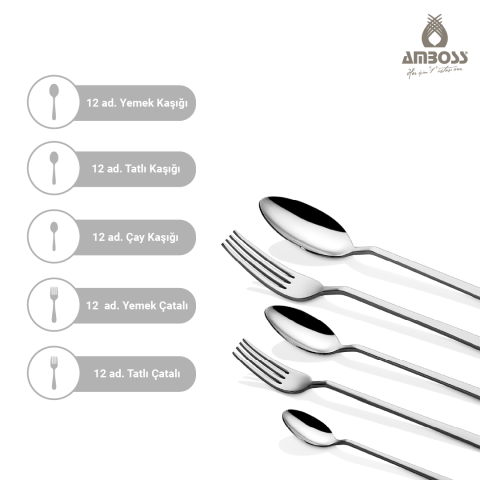 Amboss Lumix 60 Parça 12 Kişilik Paslanmaz Çelik Çatal Kaşık Bıçak Seti