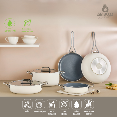 Amboss Sera Nova Mix 7 Parça Seramik Tencere Tava Sahan Seti – Beyaz