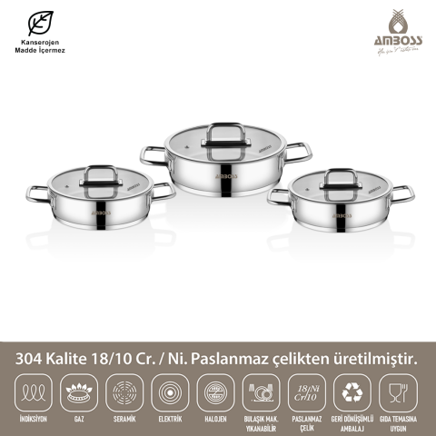 Amboss Nova 6 Parça Paslanmaz Çelik Cam Kapaklı Sahan Seti