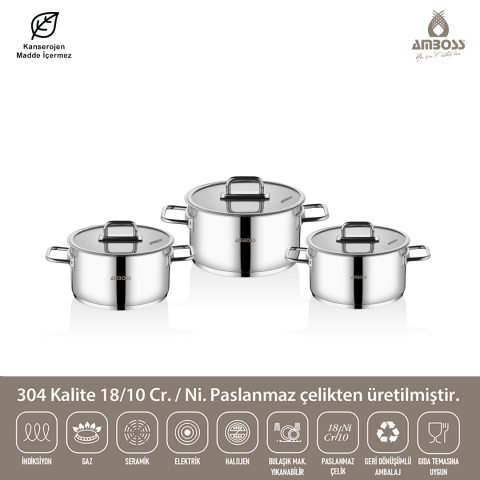 Amboss Nova 6 Parça Paslanmaz Çelik Cam Kapaklı Tencere Seti