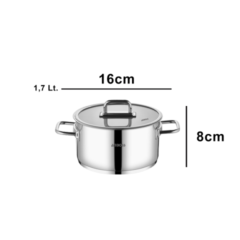 Amboss Nova Paslanmaz Çelik Cam Kapaklı Derin Tencere 16x8 cm