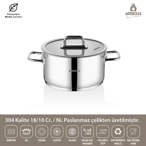 Amboss Nova Paslanmaz Çelik Cam Kapaklı Derin Tencere 28x16 cm