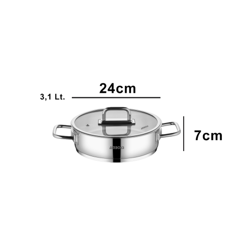 Amboss Nova Paslanmaz Çelik Cam Kapaklı Basık Tencere 24x7 cm
