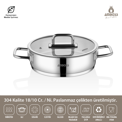 Amboss Nova Paslanmaz Çelik Cam Kapaklı Basık Tencere 24x7 cm