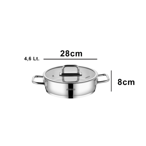 Amboss Nova Paslanmaz Çelik Cam Kapaklı Basık Tencere 28x8 cm