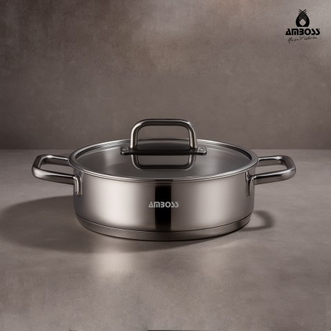 Amboss Nova Paslanmaz Çelik Cam Kapaklı Basık Tencere 28x8 cm