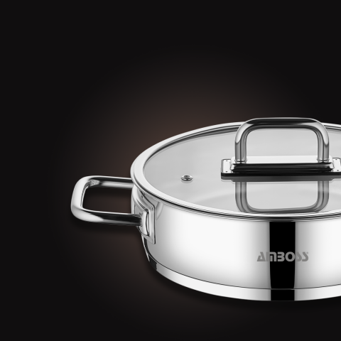 Amboss Nova Paslanmaz Çelik Cam Kapaklı Basık Tencere 30x8 cm
