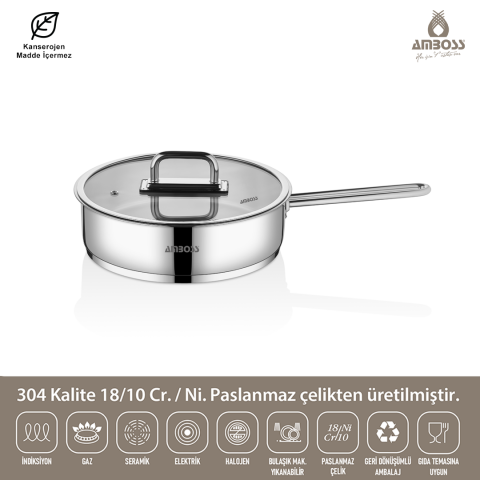 Amboss Nova Paslanmaz Çelik Cam Kapaklı Tava 26x6 cm