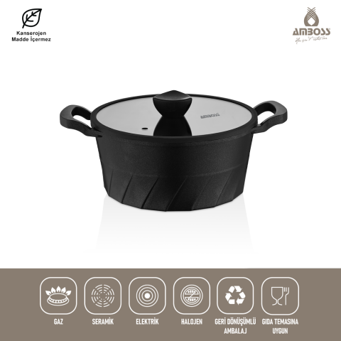 Amboss Vento Döküm Titanyum Kaplama Cam Kapaklı Derin Tencere 20x9,5 cm
