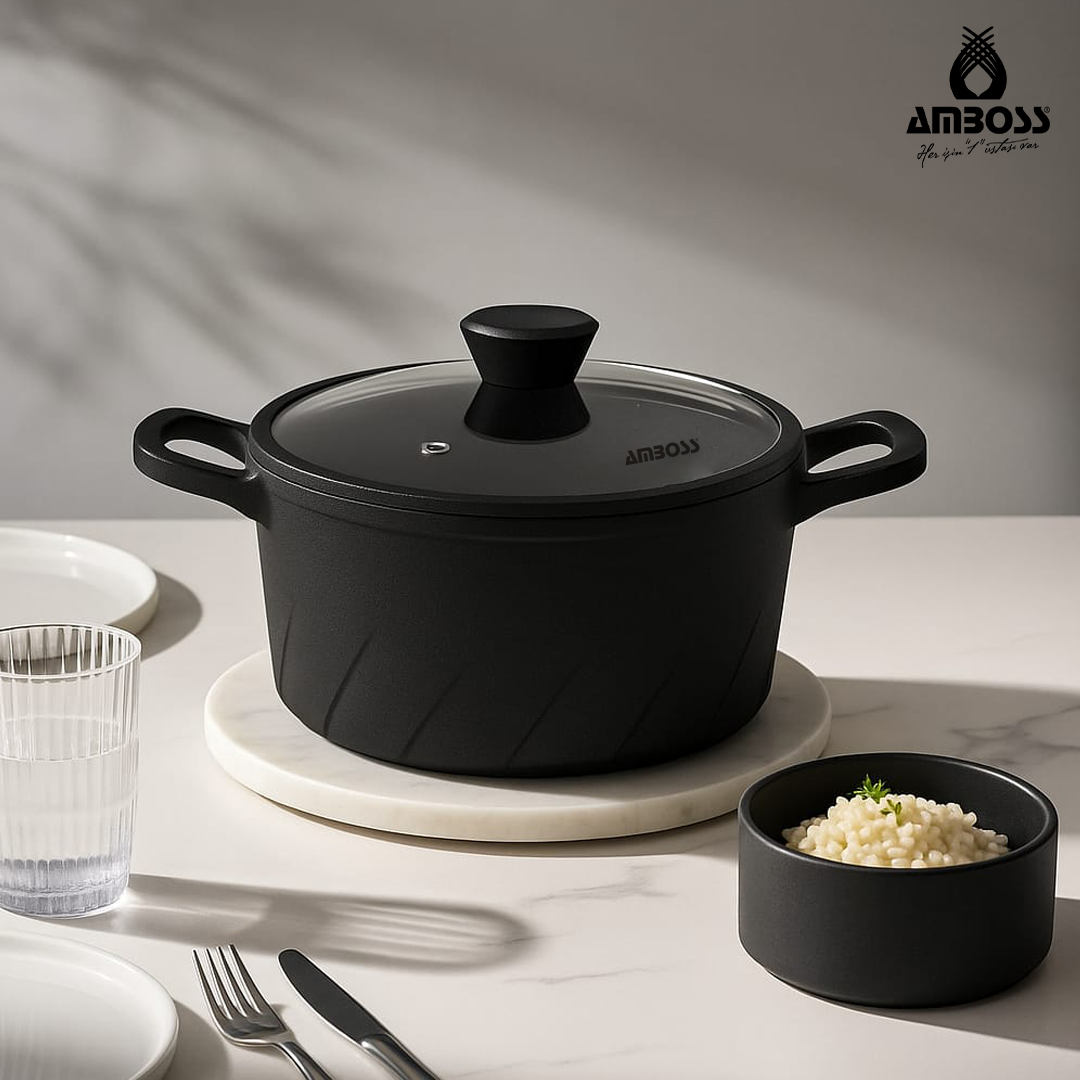 Amboss Vento Döküm Titanyum Kaplama Cam Kapaklı Derin Tencere 24x11 cm