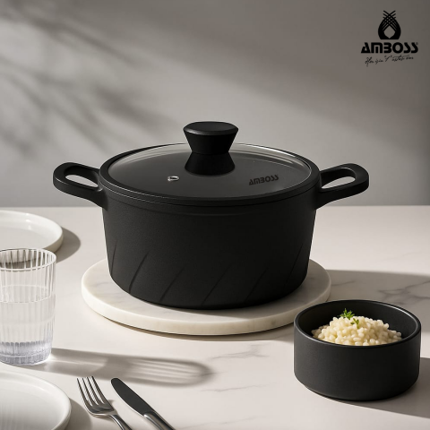 Amboss Vento Döküm Titanyum Kaplama Cam Kapaklı Derin Tencere 24x11 cm