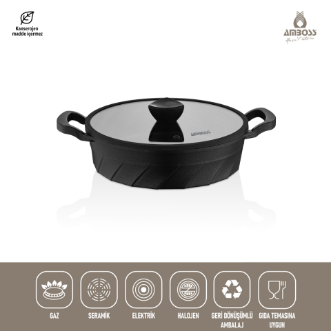 Amboss Vento Döküm Titanyum Kaplama Cam Kapaklı Basık Tencere 26x7 cm