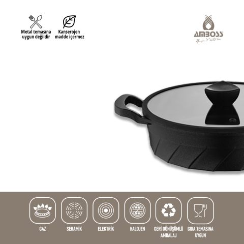 Amboss Vento Döküm Titanyum Kaplama Cam Kapaklı Basık Tencere 26x7 cm