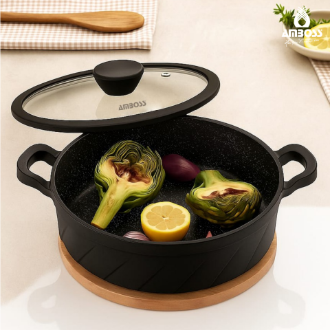 Amboss Vento Döküm Titanyum Kaplama Cam Kapaklı Basık Tencere 26x7 cm