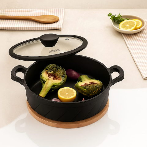 Amboss Vento Döküm Titanyum Kaplama Cam Kapaklı Basık Tencere 26x7 cm