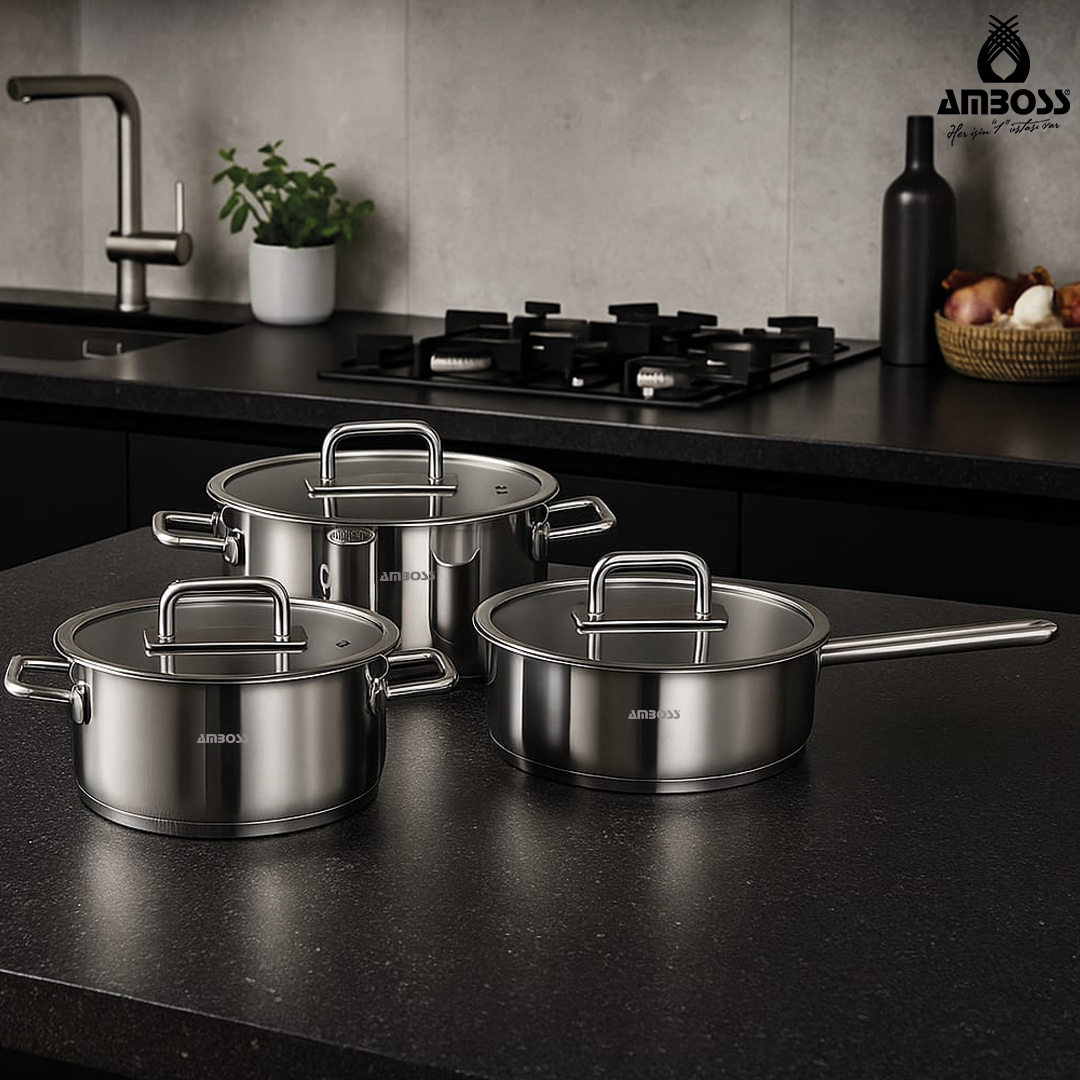 Amboss Nova 6 Parça Paslanmaz Çelik Cam Kapaklı Tencere Tava Seti