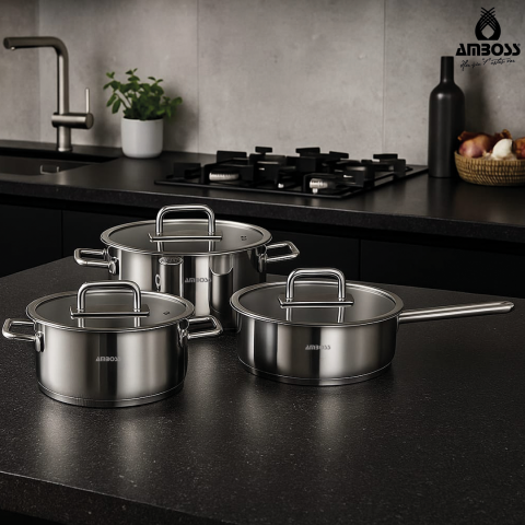 Amboss Nova 6 Parça Paslanmaz Çelik Cam Kapaklı Tencere Tava Seti