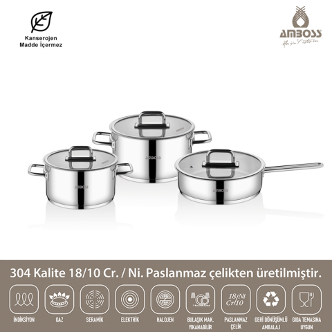 Amboss Nova 6 Parça Paslanmaz Çelik Cam Kapaklı Tencere Tava Seti