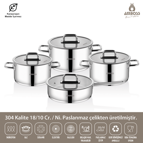 Amboss Nova 8 Parça Paslanmaz Çelik Cam Kapaklı Tencere Tava Seti