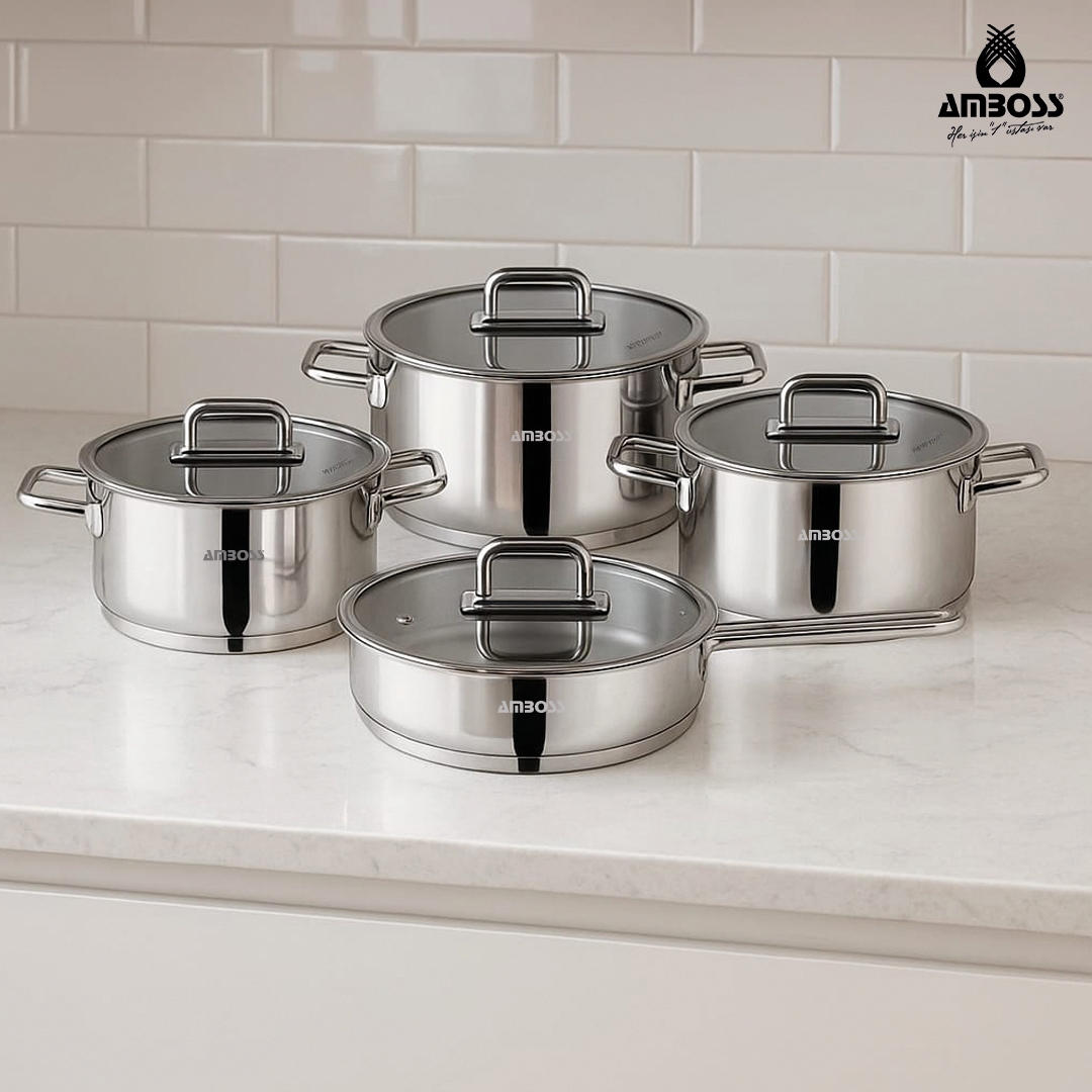 Amboss Nova 8 Parça Paslanmaz Çelik Cam Kapaklı Tencere Tava Seti