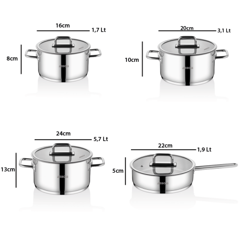 Amboss Nova 8 Parça Paslanmaz Çelik Cam Kapaklı Tencere Tava Seti
