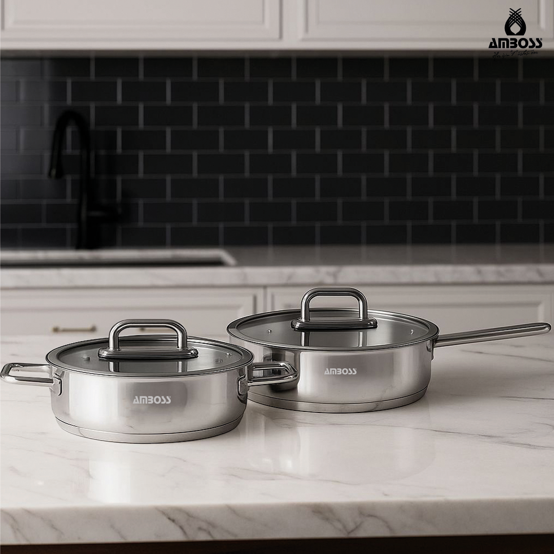 Amboss Nova 4 Parça Paslanmaz Çelik Cam Kapaklı Basık Tencere Tava Seti 26 cm