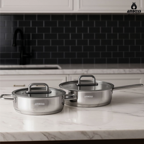 Amboss Nova 4 Parça Paslanmaz Çelik Cam Kapaklı Basık Tencere Tava Seti 26 cm