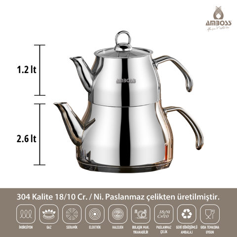 Amboss Prime 4 Parça Paslanmaz Çelik Büyük Boy Çaydanlık