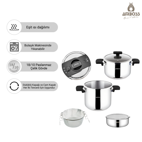 Amboss Cook Master 7 Parça Çok Fonksiyonlu Paslanmaz Çelik Buharlı Düdüklü Tencere Seti