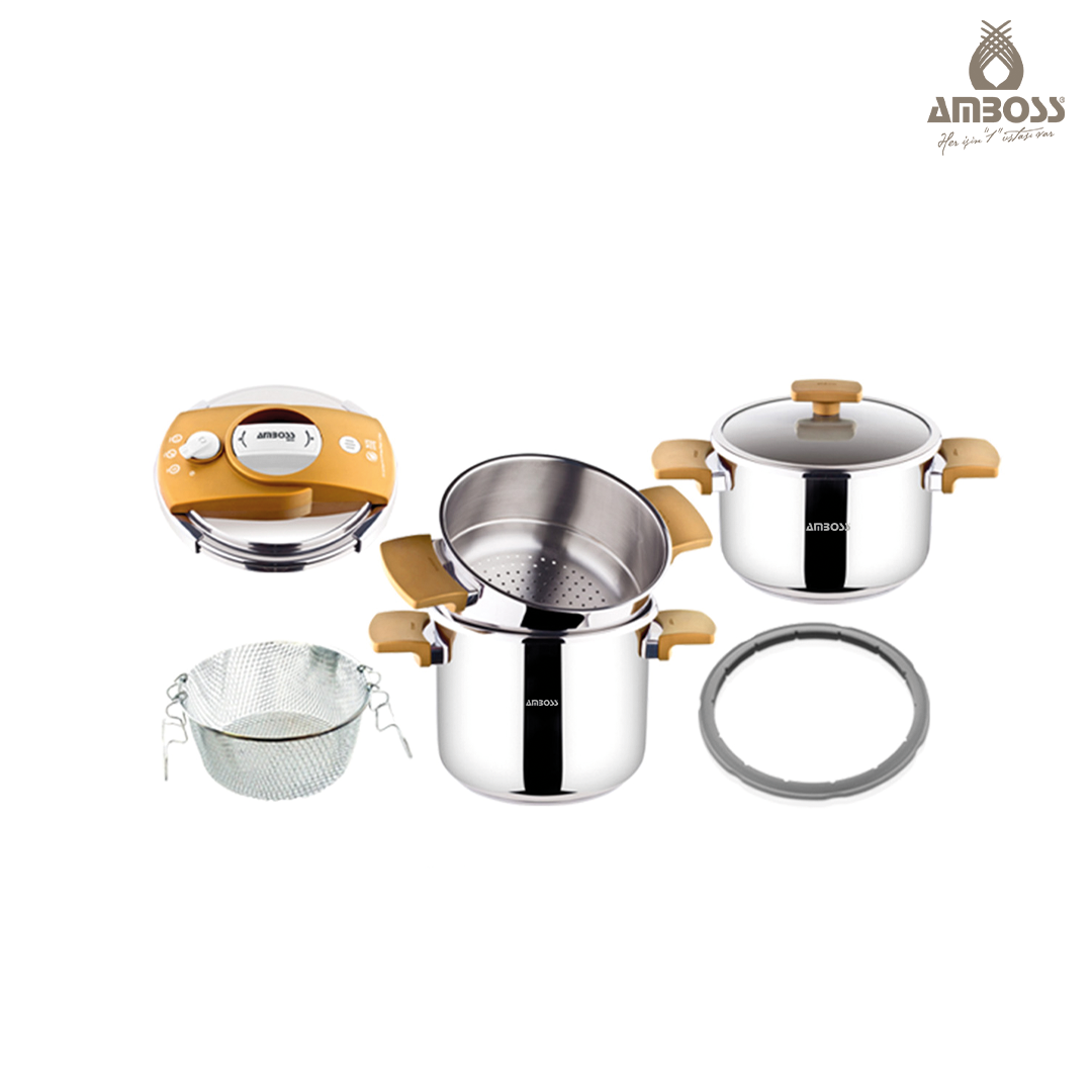 Amboss Cook Master 7 Parça Çok Fonksiyonlu Paslanmaz Çelik Buharlı Düdüklü Tencere Seti( Gold )