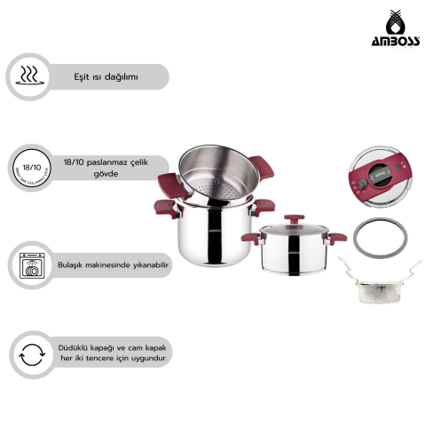 Amboss Cook Master 7 Parça Çok Fonksiyonlu Paslanmaz Çelik Buharlı Düdüklü Tencere Seti ( Kırmızı)