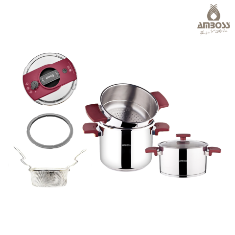 Amboss Cook Master 7 Parça Çok Fonksiyonlu Paslanmaz Çelik Buharlı Düdüklü Tencere Seti ( Kırmızı)