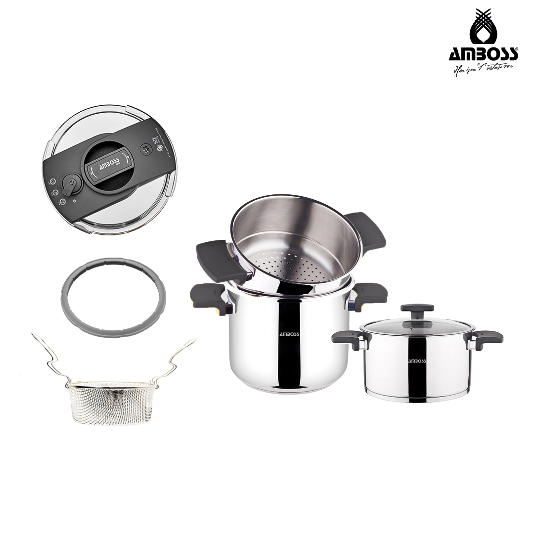 Amboss Cook Master 7 Parça Çok Fonksiyonlu Paslanmaz Çelik Buharlı Düdüklü Tencere Seti ( Siyah )