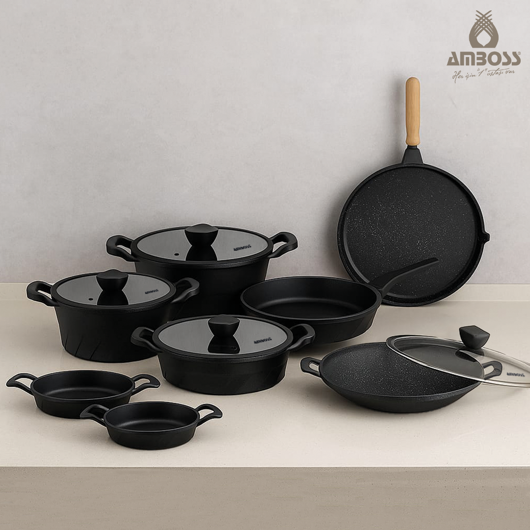 Amboss Mihfer 12 Parça Döküm Tencere Sahan Tava Çeyiz Seti