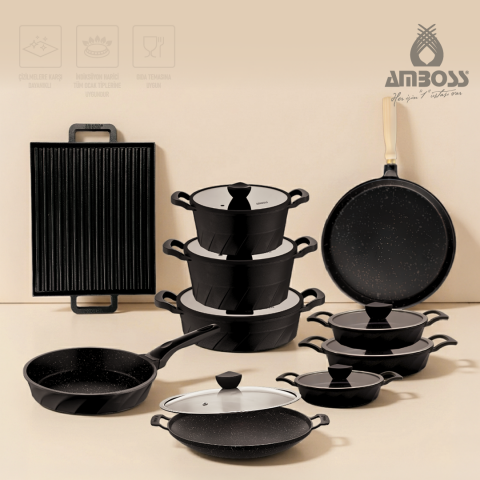 Amboss Elegance 17 Parça Döküm Tencere Tava Sahan Çeyiz Seti